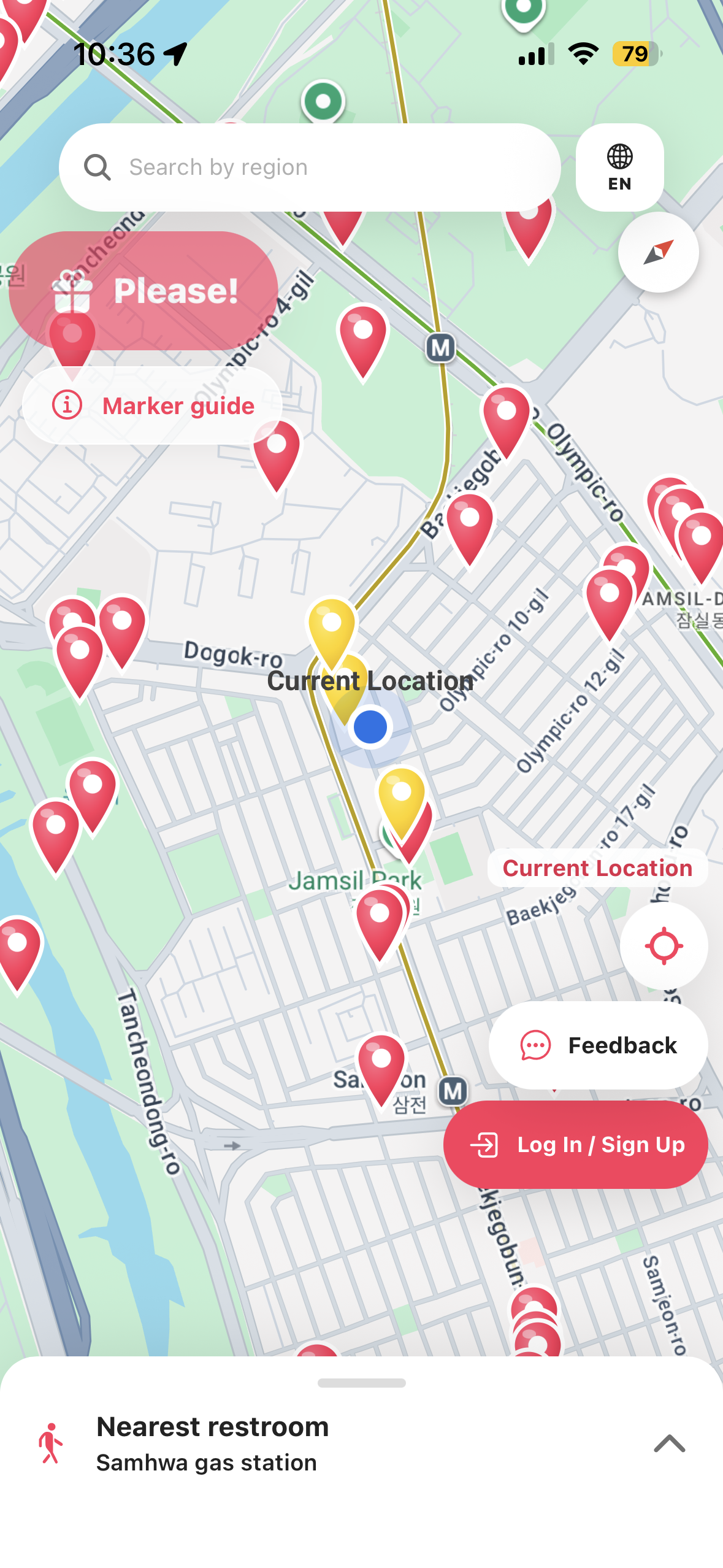 KORE app showing nearby public restrooms on a map of Korea