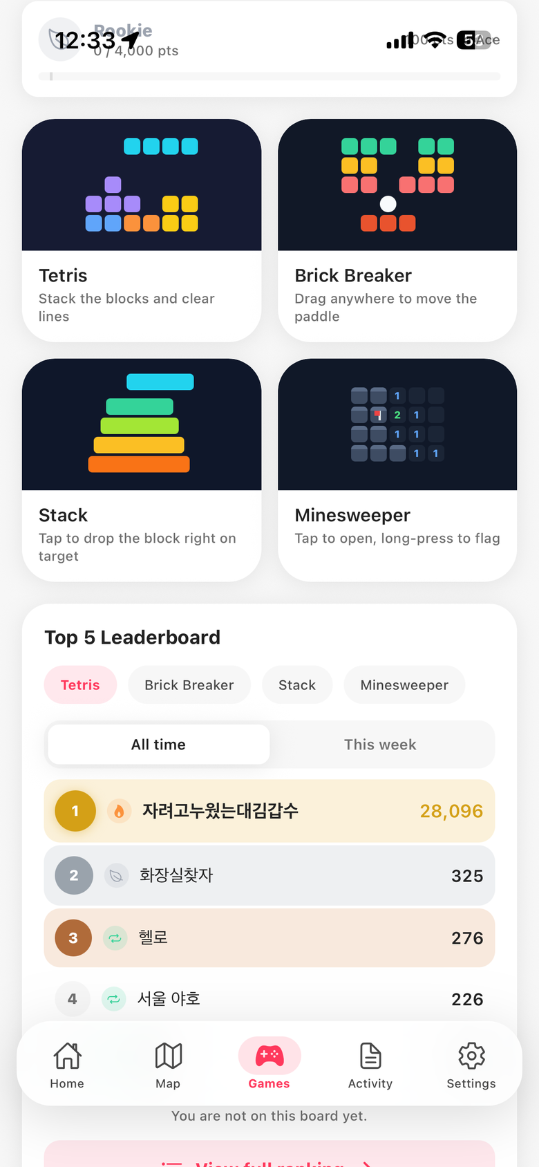 KORE games tab