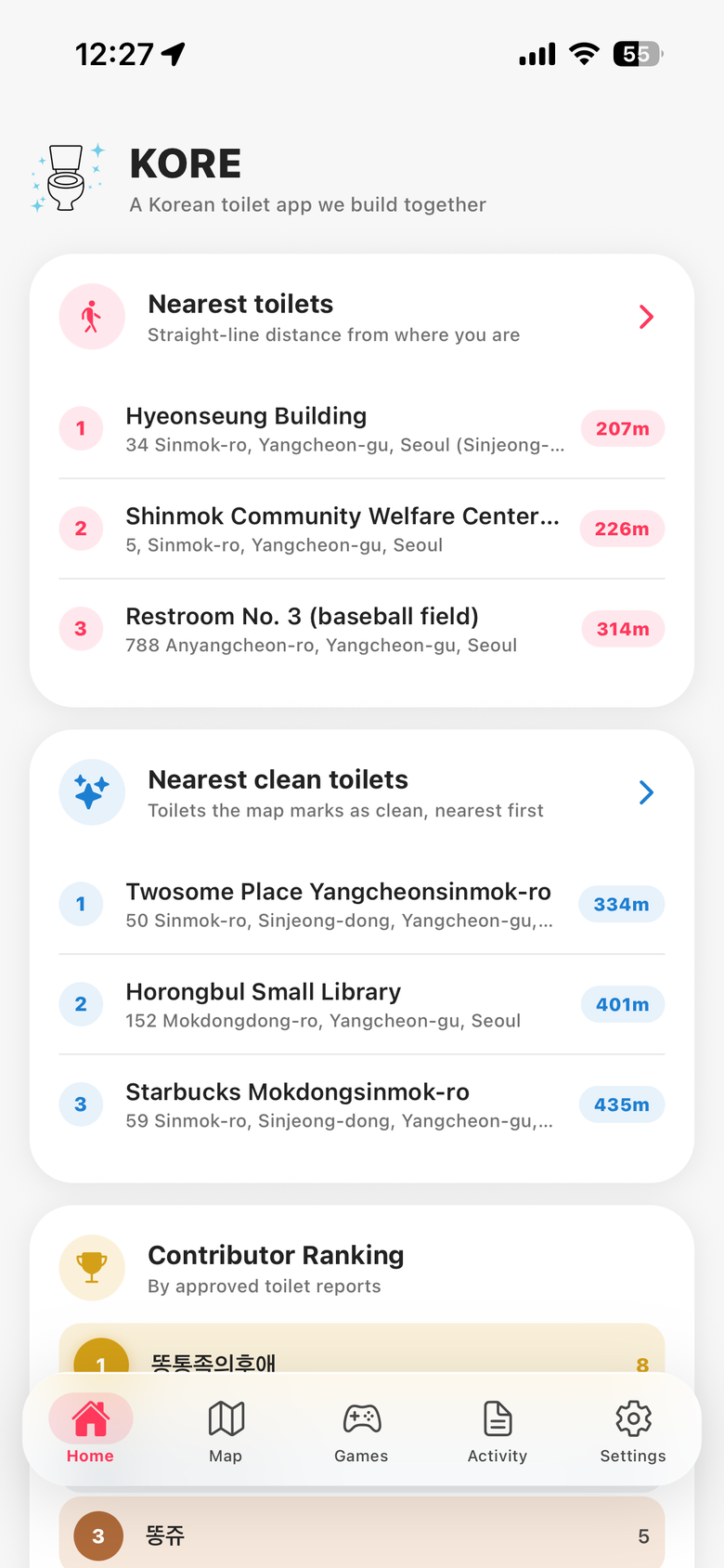 KORE Home tab listing the nearest restrooms